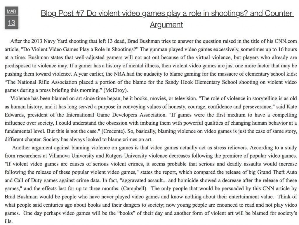 Blog post on violent video games and shootings